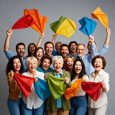 Diverse group holding colorful fabric sheets
