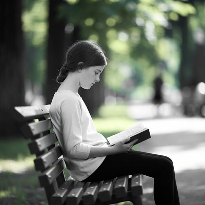 Girl reading book on park bench