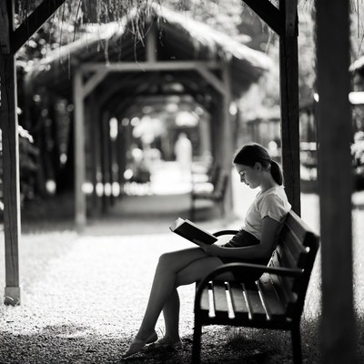 Girl reading book on bench
