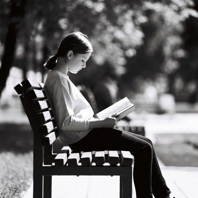 Girl reading book on park bench