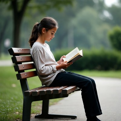 Girl reading book on park bench