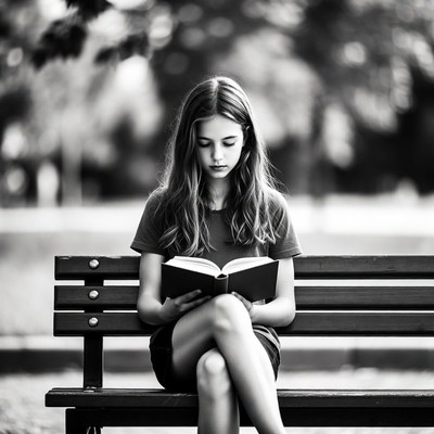 Girl reading book on park bench