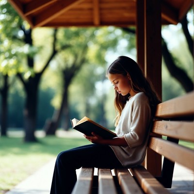 Girl reading book on park bench