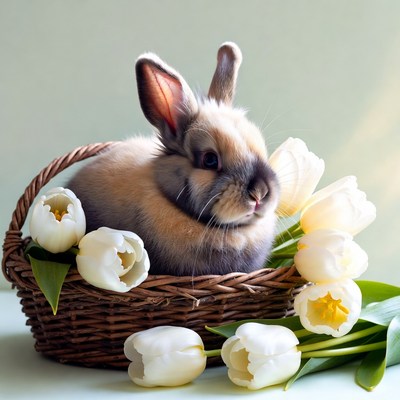 Rabbit in basket with white tulips