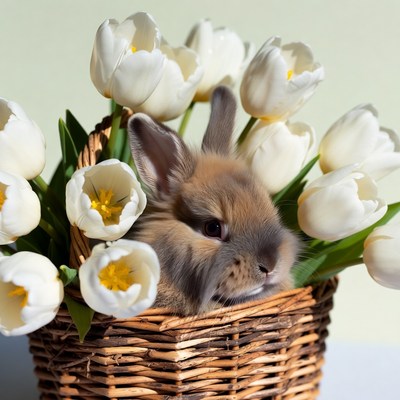 Rabbit in basket with white tulips