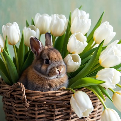 Baby bunny in white tulips basket