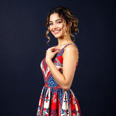Smiling Latina woman in red dress
