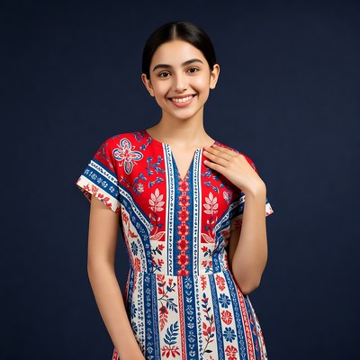 Smiling Asian woman in red dress