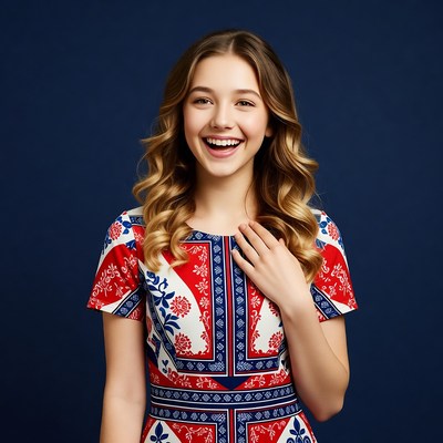 Smiling girl in red white blue dress