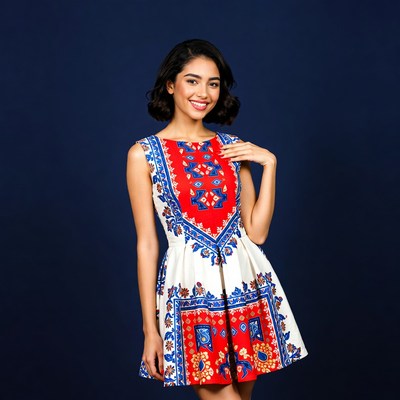 Smiling woman in red blue dress