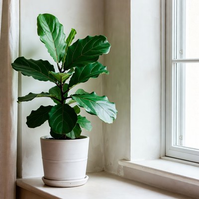 Ficus Lyrata in White Pot by Window