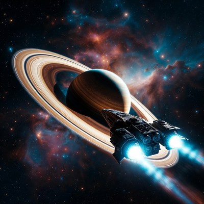 Spaceship Flying Past Saturn