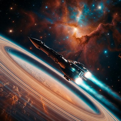 Spaceship Flying Past Saturn Nebula