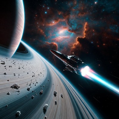 Spaceship Flying Near Saturn's Rings