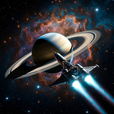 Spaceship Flying Past Saturn