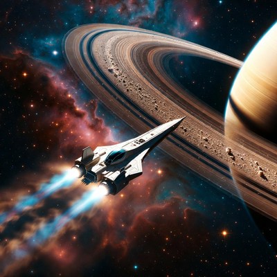 Spaceship Flying Past Saturn
