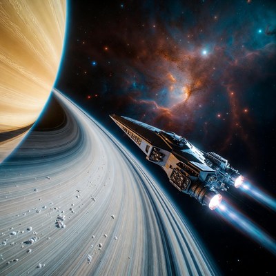 Spaceship Flying Near Saturn