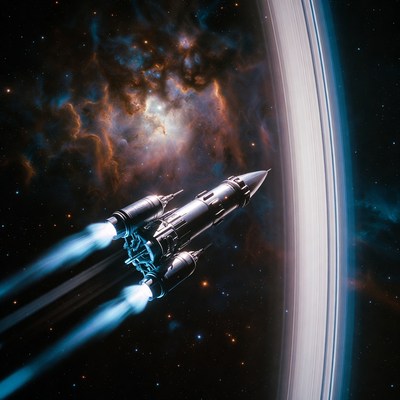 Spaceship Approaching Ringed Planet