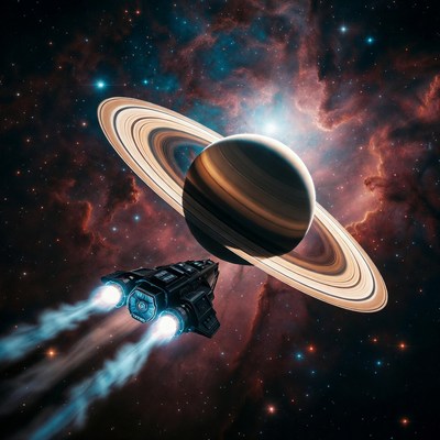 Spaceship Flying Past Saturn