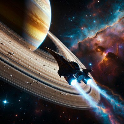 Spaceship Flying Past Saturn