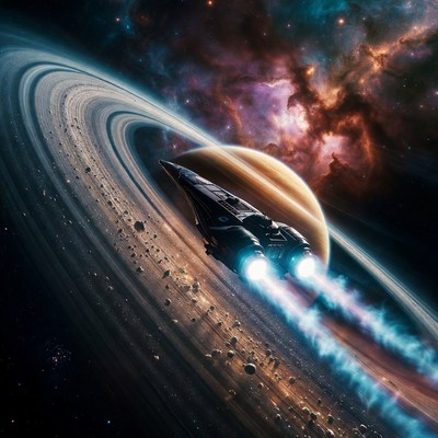 Spaceship Flying Past Ringed Planet
