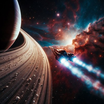 Spaceship Flying Past Ringed Planet