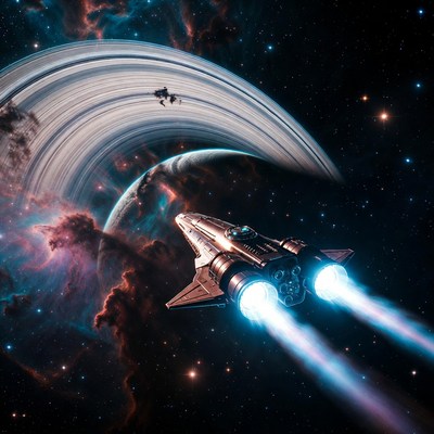 Spaceship Flying Near Saturn Rings