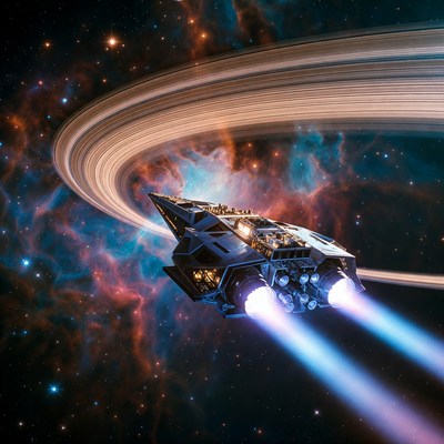 Spaceship Flying Past Ringed Planet