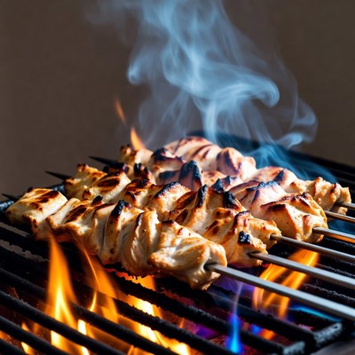 Chicken Skewers Grilling on Barbecue