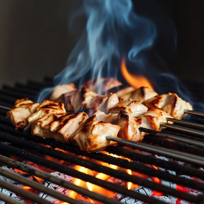 Chicken Skewers Grilling on Barbecue