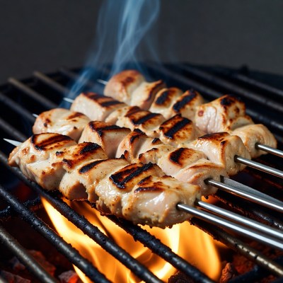 Chicken Skewers Grilling on BBQ