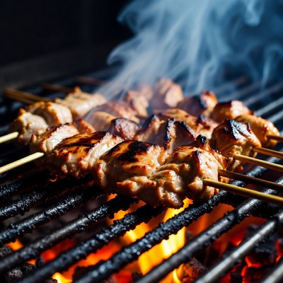 Chicken Skewers Grilling on Barbecue