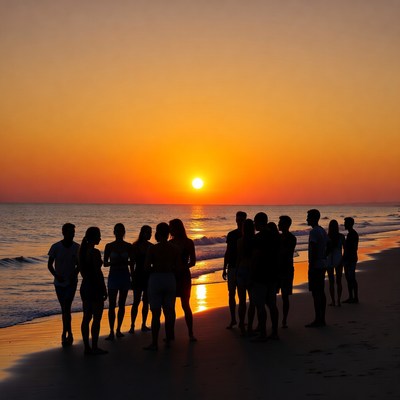 Group silhouettes at beach sunset
