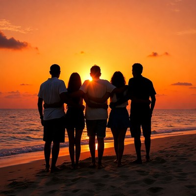 Group silhouette sunset beach embrace