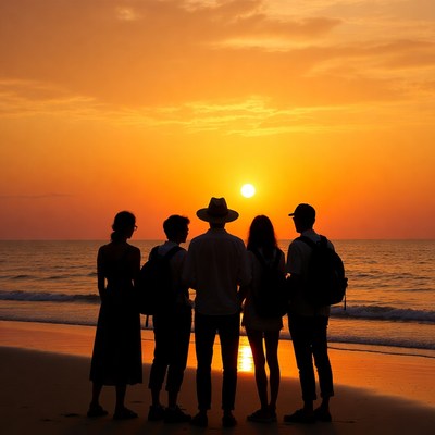 Group Silhouette Watching Sunset Beach