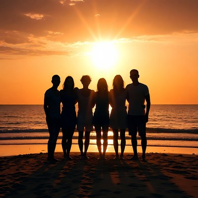 Silhouette group at sunset beach