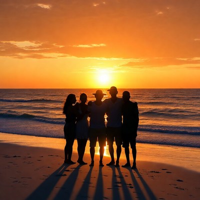 Group silhouetted at sunset beach
