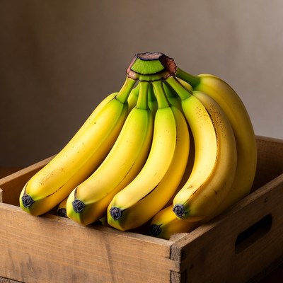 Bunch of ripe bananas in wooden crate