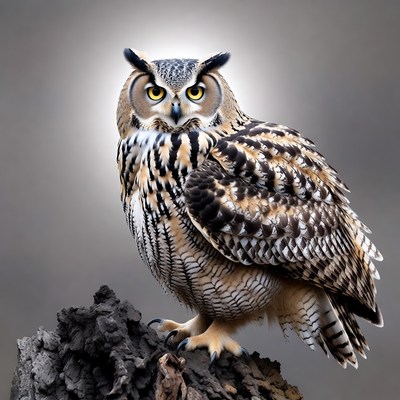 Great Horned Owl on Tree Stump