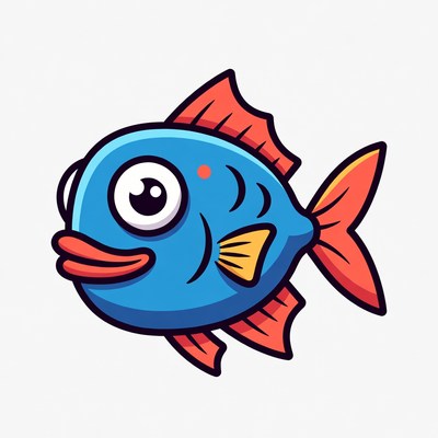 Cartoon Blue Fish with Red Fins