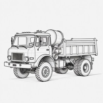 Line Art Dump Truck with Mixer Drum