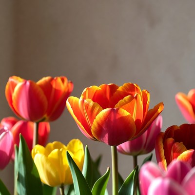 Colorful Tulips on Gray Background