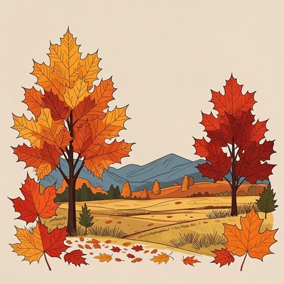 Autumn Maple Trees Landscape Illustration