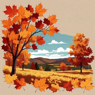 Autumn Maple Trees Landscape Illustration