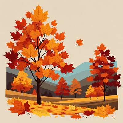 Autumn Maple Trees Landscape Illustration