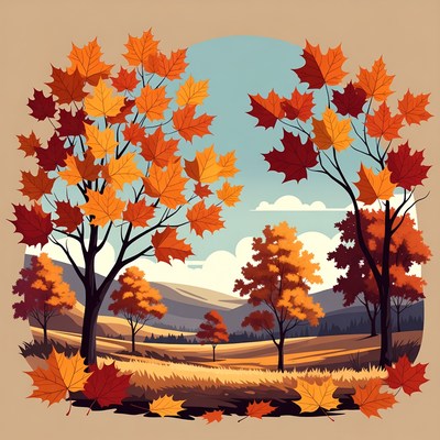 Autumn Maple Trees Landscape Illustration