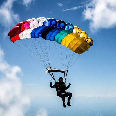 Man skydiving with colorful parachute