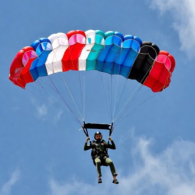 Man skydiving with colorful parachute