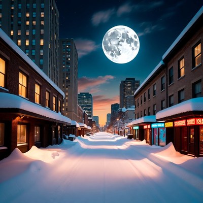 Snowy City Street Under Full Moon