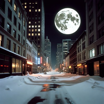 Full Moon Over Snowy City Street